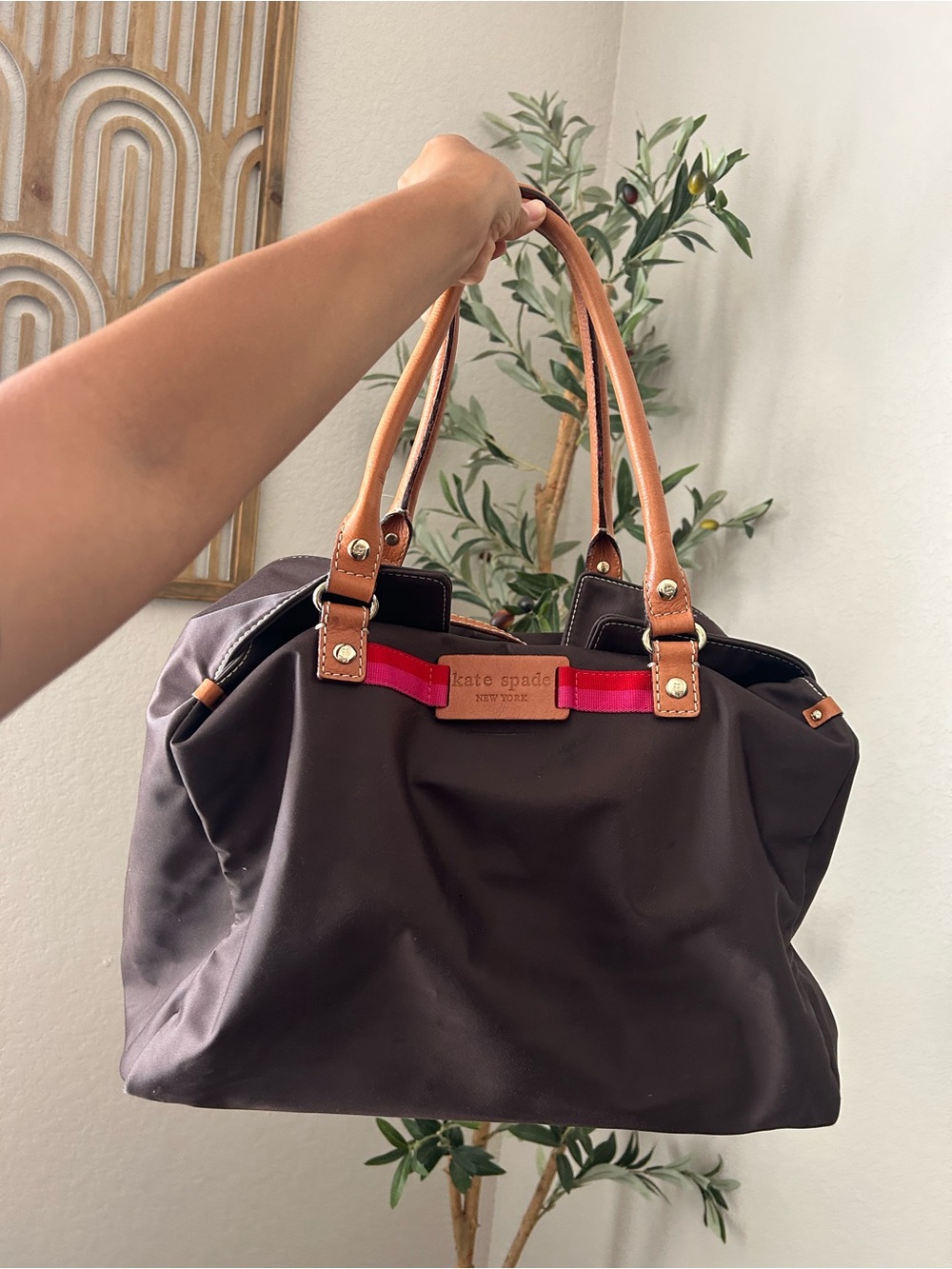 kate spade Brown Nylon Tote with Tan Leather Handles and Pink Accent